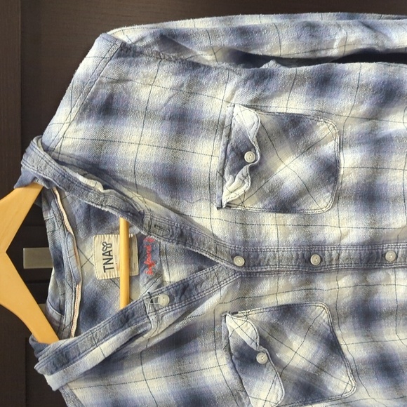 Women's TNA Boyfriend Hooded Blue Plaid Shirt - Size M Great Condition - Picture 3 of 4